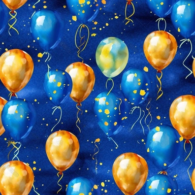 watercolor style birthday balloons bright colors blue royal blue gold high detail deep blue background clipart seamless tile