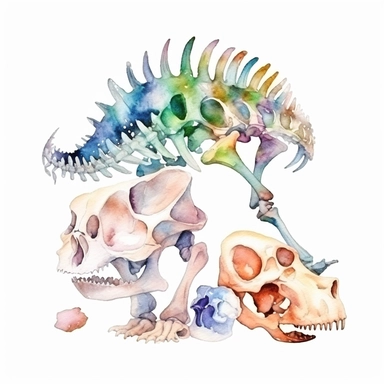 Watercolor dinosaur bones clipart, white isolated background, space out, hd