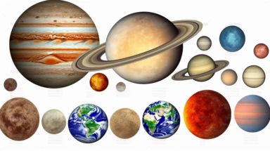 clipart, Photorealistic rendering of the solar system's planets, against a white background, highly detailed textures, each planet spaced apart evenly over the page, sticker page layout, vibrant colors showcasing individual planetary features, vector style, Earth with visible continents and oceans, Jupiter with its red spot, ring system of Saturn, Mercury, Venus, Mars, Uranus, Neptune, and dwarf planet Pluto, 4k resolution