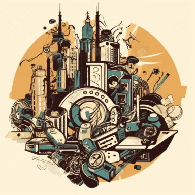 A clipart cartoonish vector, duotone abstract logo of metropolis made of stuff, items, household items, cool items