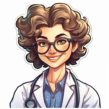 portret a happy woman doctor, sticker, style by Lusy Fleming, folk art, watercolor, clipart elements, smooth gradients, black contour outline, ultra detailed, white background, super clear, high quality