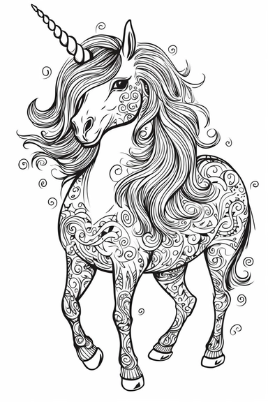 cute unicorn playing depicted in the style of clipart, white background, vector lines, in the style of a coloring book, thick, clear,lines, black and white,