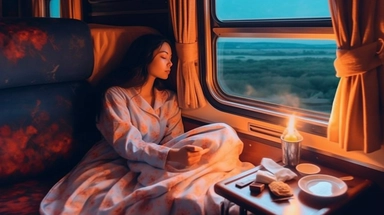 realistic photo of a girl sleeping on a train at night, there is a beautiful happy girl wrapped in blanket, realistic photo of a girl sleeping on a train at night, A rethere is a beautiful happy girl wrapped in blanket, beautiful girl, full train cabin, There's a table and there's a cup of coffee on it, night train, Panoramic view of the train carriage with many windows, sleeping girl, night train,night, beautiful face, girl lying by the window, many window, big window, beautiful happy girl wrap