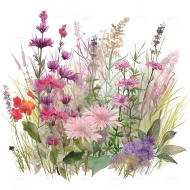 a cluster of meadow summer wildflowers and surrounding grass including Joe-Pye-Weed watercolor clipart no words no letters no font