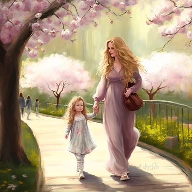 beautiful young pregnant mother with long beautiful blonde hair and toddler daughter with beautiful ong auburn hair holding hands walking in park, flowering trees, path lined with benches, highly detailed, realistic, fantasy, ethereal, soft colors, sharp focus, clipart style