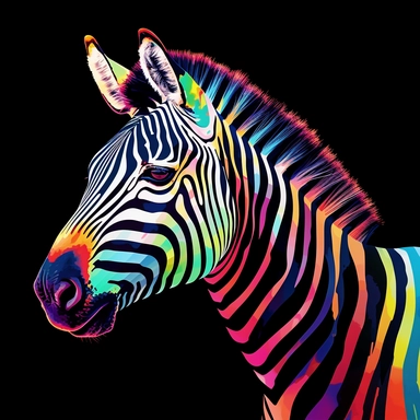 VERY COLORFUL AFRICAN Zebra, fully visible, no image cropping, clean borders, , wwatercolors resembling, super clear, WATERCOLOR, Sublimation, PNG, Digital Clipart, 16K, hyper detailed, PLAIN BLACK BACKGROUND, PNG, AR 8:12 no clipping