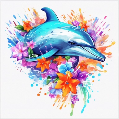a sticker, artwork of t shirt graphic of majestic dolphin in digital painting style , beautiful water splashes, white background, colorful fantasy flower sorround, highly detailed clean, vector image, photorealistic masterpiece, professional photography, realistic, flat white background, isometric, vibrant vector, clipart, illustration, realism, 4k, , cinematic, front view, white background,