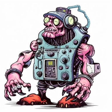 helpful bashful machine troll cyborg, dark electric aura, Basil Wolverton Josh Kirby Dave Gibbons, handpainted enamel punk zine indie retrowave, clipart illustration, solid white background