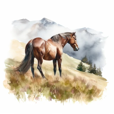 watercolor realistic, horse clipart, high detail, grazing in moutain meadow, white background.