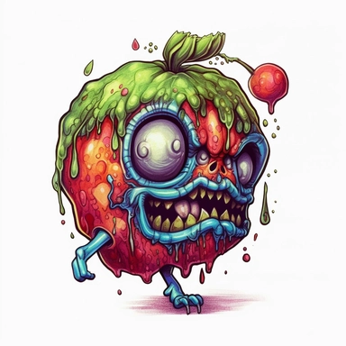 zombie fruit, cartoon, colored pencils, white background, black outline, Clipart extremely detailed