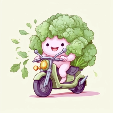 Create a clipart of a cute vegetable broccoli riding a motorcycle leaving a trail of leaves. Pastel colors. Kawaii style. White Background, soft lighting.