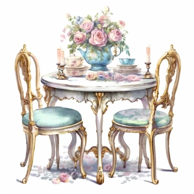 Make a clipart of a fairytale watercolor french country kitchen table, rococo, with bright pastel colors of blues and green, pink roses, gold accents, black outlines, hd, white background