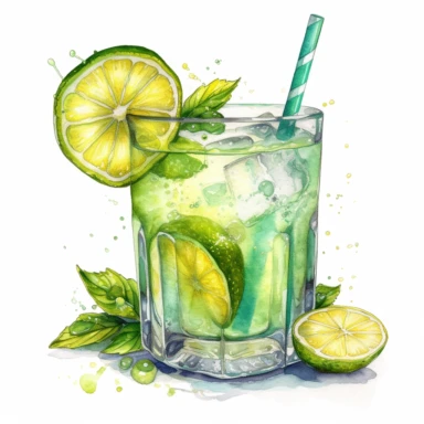 A delightful watercolor, hyper - realistic clipart image with a white background and white margins, showcasing a glass of margarita cocktail with slices of lemon. The ultra - detailed, hand - drawn elements capture the bright green drink and shiny details of glass. Use whimsical touches to add a sense of freshness with drops of water on the glass, and bold shades of green and white to evoke the cooling and satisfying nature of this refreshing drink