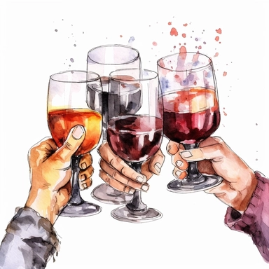 watercolor, Friends hands holding glasses and mugs with champagne, wine, beer, cocktail and tea, and cheers or drinking toast to friendship. png Full body realistic cartoon in 32K UHD cute. 15 cm thick outline. Black color. There was no shadow on the ground. 8k with realistic watercolors and detailed illustrations. PNG clipart, transparent white background