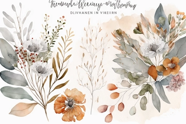 dreamy bohemian watercolor Australian native flower arrangement clipart, dusty rust WILDFLOWERS, VINTAGE STYLE, airy pale colors, hand painted original artwork, autumn color,fairy style, muted color, watercolor touches, with elements of silver dollar leaves, wildflowers, elegant, light, airy, fresh, classy, modern, minimalist design, no borders, the overall aesthetic exudes classic and elegant, no text or writing, includes blank space for text and writing, WHITE background, watercolor splashes, 