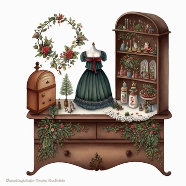 dark academia, christmas dresser, fairytale, folk art, watercolor, white background, clipart