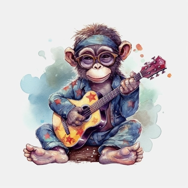 Ape baby with sunglasses playing a guitar, clipart, watercolor, anime
