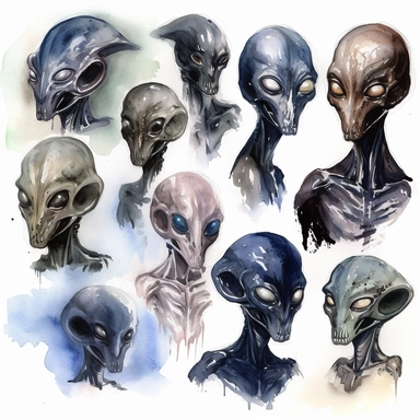 watercolor painting of many black alien from film Alien clipart many variants on one picture in different design