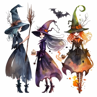 halloween witches with broomsticks. some cartoonish design and some watercolor. and some of both. white background. no tags. CLIPART!!