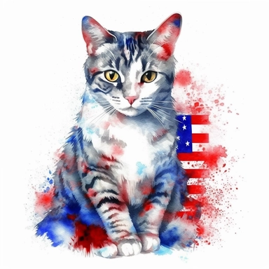 cat painted in American flag, bright blue, white, red color, amazing watercolor clipart, ultra realistic, bright color, hd, independents day, patriotic usa