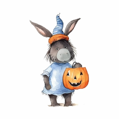E.H. Shepard's Eeyore donkey in a Halloween theme wearing a pumpkin hat, with a Jack-o-lantern basket in its mouth also be wearing a black and orange bowtie, and have little bat wings on its back, white background Clipart watercolour (blue toy donkey) on white background in the style of lizzie mackay, in the style of E.H Shepard, sparklecore, twinklecore, whimsical animation, exquisite detail, high resolution, children illustration, magical, whimsical, twinkle lights, pastel, beautiful, sparkly,