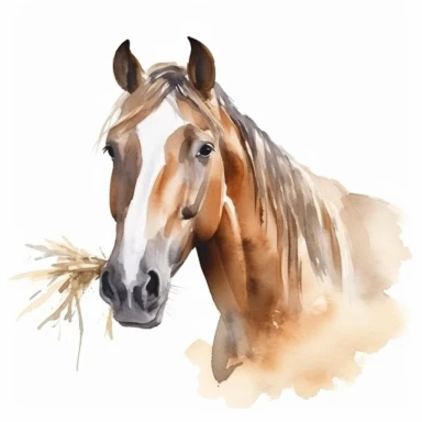 a horse eating straw, watercolour style, clipart style, isolated on white background