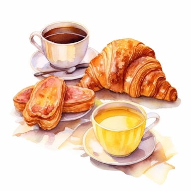 A delightful watercolor, hyper - realistic clipart image with a white background and white margins, showcasing a pattern of bacon and croissants and coffee . The ultra - detailed, hand - drawn elements capture the golden toasted. Use whimsical touches to add a sense of freshness,and bold shades of yellow and brown to evoke the comforting and satisfying nature if this food