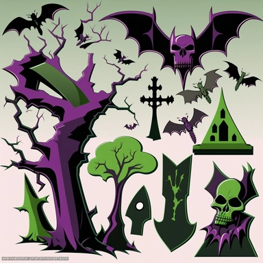 clipart model sheet of various psychobilly elements of design like dead trees, bats, coffins, that would fit in a psychobilly style Hawaiian pattern, using shades of black, purple and green