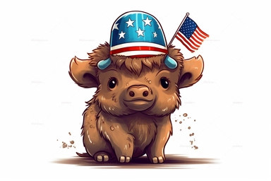 Cute baby Bison in Independence Day clipart, cartoon, white background,