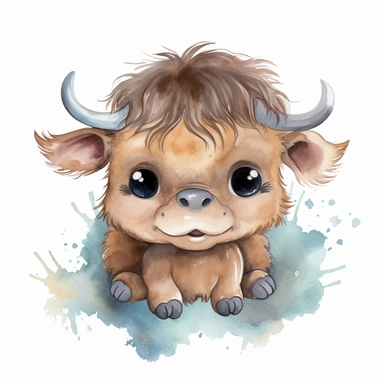 watercolour Happy Baby Buffalo Cartoon Clipart, Cute, no text