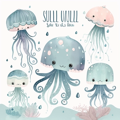 baby jelly fish clipart, in the style of muted and subtle tones, cartoon, close up, booru, wimmelbilder, hand-painted details, charming characters, thick texture, blue hues