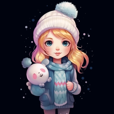 a cute little girl holding a winter hat in cool white snow white hat cliparts,used for printing bags, in the style of oleksandr bogomazov, colorful drawings, eiichiro oda, jonathan wolstenholme, soggy, soft-edged, realistic yet stylized,8k,hd ,black backg
