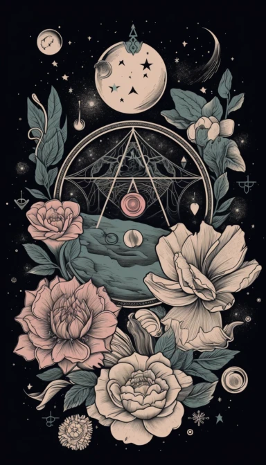 tattoo clipart, minimalism art decor image of a vector moon, lotus flowers, peonies, Buddha, stars and planets, vertical, sacred geometry, tiny, metallic colors, spiritual, vector, phone wallpaper, high quality image, vector, logo, pastel, triangle and sacred geometry, dark background