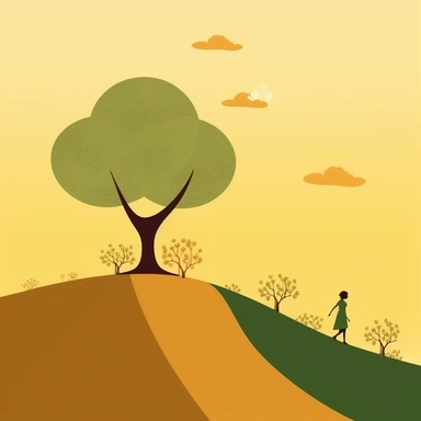 create a basic illustration clipart, super minimalist, very basic colours, with the silhouette of a woman climbing a large and thought mountain, a beautiful small tree at the top of the mountain representing success that the lady is looking for, motivational image, with very basic forms, basic and light yellow, brown and green shades, with very tiny flowers on the road of the small lady is walking towards the top.