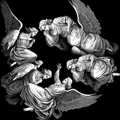 sketch clipart of group of flying angels, hd, white on black background, spaced out,--ar 3:2