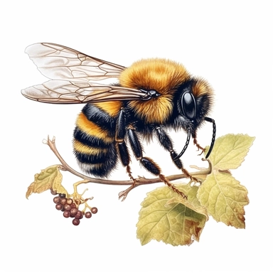 Fluffy Bumblebee on a grapevine, highly detailed, acrylic paint, 16k, realistic, isolated on a white background, clipart
