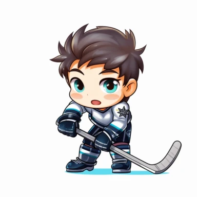 kawaii clipart of hockey player, white background, charicature