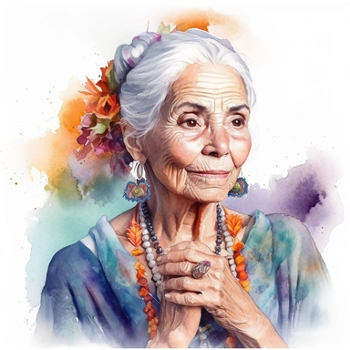 Romantic realistic watercolor of a beautiful older woman , celebrating Dia de Los Muertes, wearing boho jewerly and mexican traditional dress, spiritual,translucent, multi-layered, delicate, bright colors, golden hour, fashion photography, watercolor clipart--no watermarks, no text