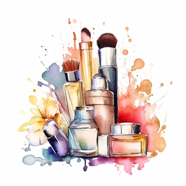 Beauty Cosmetic Watercolor Clipart , soft colors, white background, alcohol ink