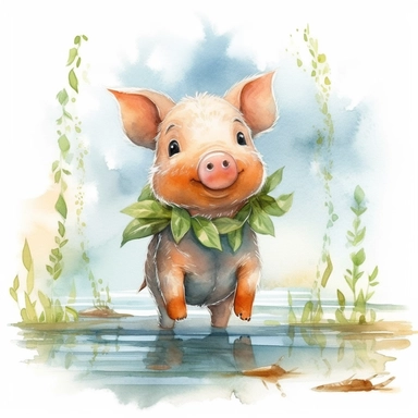 cute pig with string of leaves around its neck, watercolor clip art, comics,carrots, full illustrations , 4k, clear focus, watercolor, smooth soft skin, symmetry, soft lighting, detailed eyes, carrots, pastel colors, grass with lake as background,watercolor style, child style the fairy tale, carrots, conrad roset, agnes cecil, watercolor style