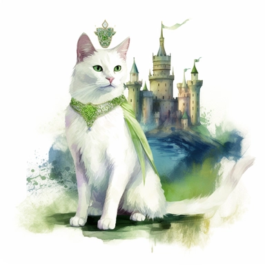 A clipart of a white cat wearing a regal green gown and a crown, holding a scepter and standing in front of a castle as a queen, watercolor style, realistic, bright colors, 300 dpi, 8k, white and clear background
