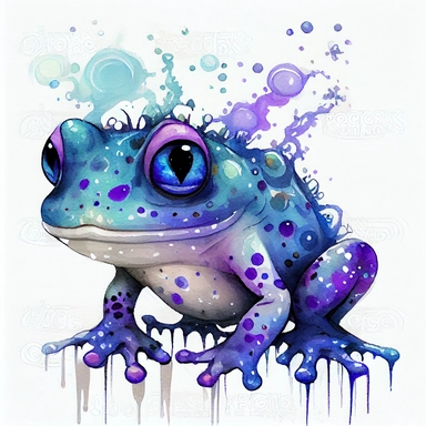 funny, dark and light blue and purple magic frog with funny dots, cartoon style, white background, black outside lines, designs, white background, watercolor pencil drawing, small details, digital art, clipart, super acurate, –testp, pixar,