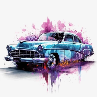 A stunning old retro car takes center stage in a Tron-inspired landscape, Limousine retro car, clipart, floral, watercolor splash, lavender. The classic car boasts futuristic modifications, including neon accents and sleek digital paneling, merging the elegant lines of the vintage vehicle with the high-tech aesthetics of the Tron universe, white background, splash