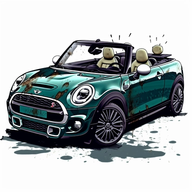 Clipart image of an RC mini cooper f57s convertible in British Green on rugged terrain, white background, line drawing for t - shirt log