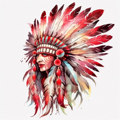 Watercolour native American Headdress clipart red colours no face HD on a white background high resolution