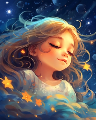 a portrait of a cute little girl with a luminous dress, eyes shut, mouth closed, long hair, wind, sky, clouds, the moon, moonlight, stars, universe, fireflies, butterflies, watercolor clipart,