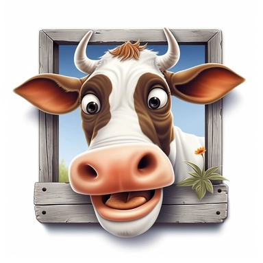 Cute Beautiful Happy Face Funny Cow Outside The Window Sublimation Clipart ,Cartoon,hyper realistic, intricate detail, illustration style,high solution,on the white background
