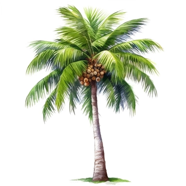 watercolor summer clipart digitally painted and retouched clip art, one coconut palm tree, iso 200, vintage cut-and-paste, white background, blink-and-you-miss-it detail 03