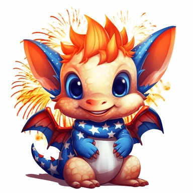 illustration of orange cute baby dragon, wearing red white and blue american flag colors, fireworks in background, 4th of july, clipart svg, white background