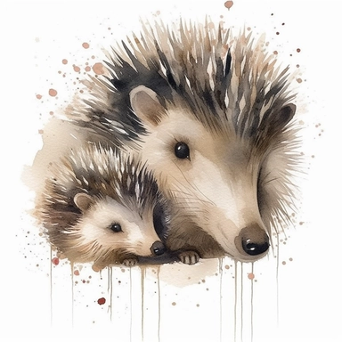 cute minimalist mama and baby porcupine, boho Clipart, Abstract Boho Clipart, Modern Boho, , Bohemian, , trending on artstation, super detailed, HQ, 8k hyper realistic watercolor chic, cute, detailed, watercolor, cohesive, balanced, , white background, border, beautiful